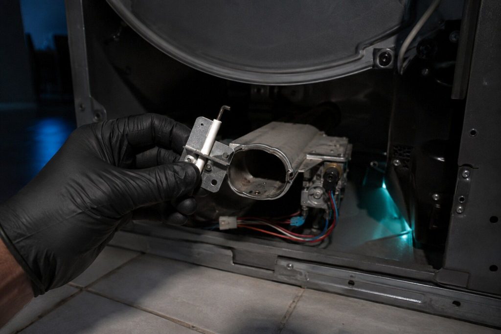 A small ceramic igniter on its bracket held in a gloved hand in front of an opened gas dryer burner tube, the burner assembly visible in the cabinet behind.