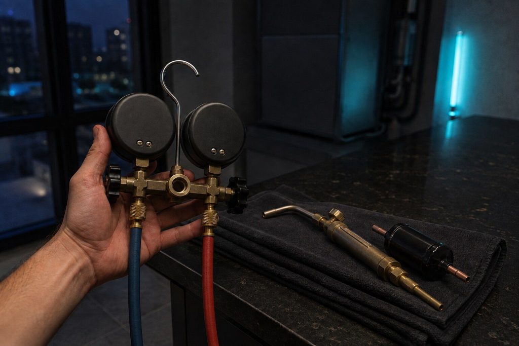 A refrigeration gauge manifold held in one hand with its two hoses hanging, the dial faces turned away from the camera, a brazing torch and a filter drier lying on a folded cloth on a dark bench beside it.