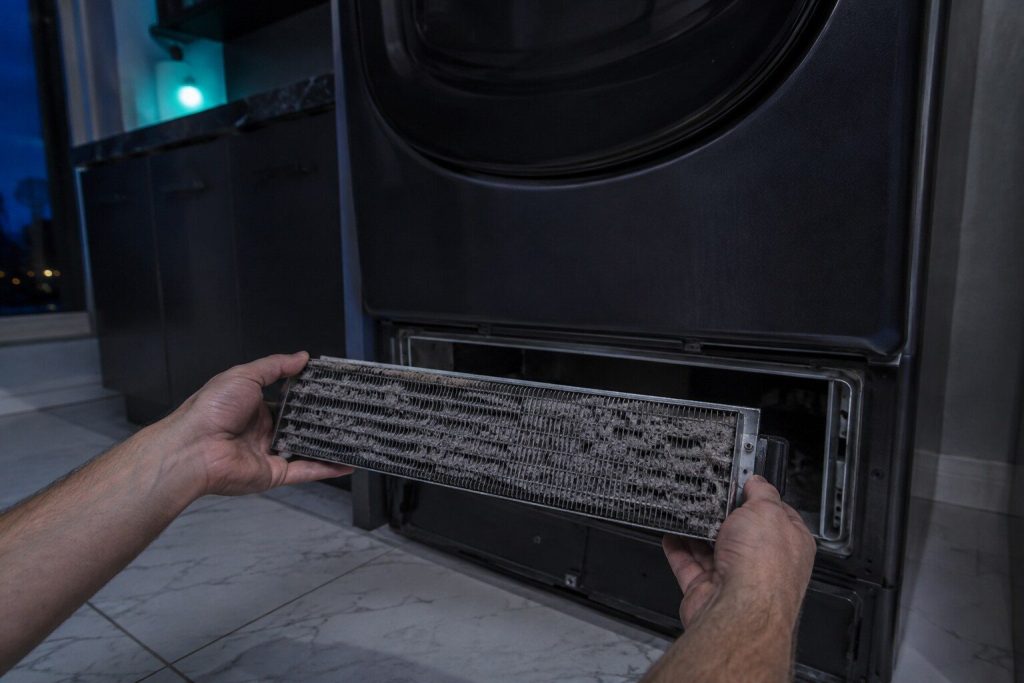 A dense finned condenser block slid out of the hatch at the bottom front of a ventless dryer and held clear in both hands, lint packed between its fins, the empty bay behind.