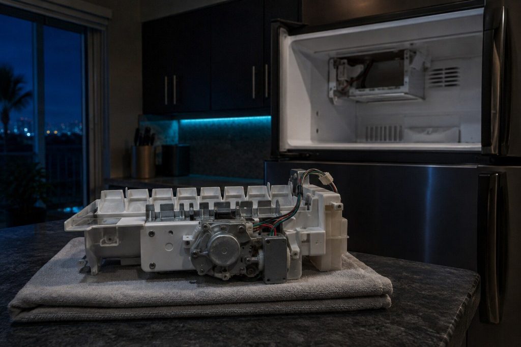 An ice maker module lifted out of a refrigerator and set on a folded towel on the counter, its harvest arm and gearbox facing the camera, the empty bracket in the cabinet behind.