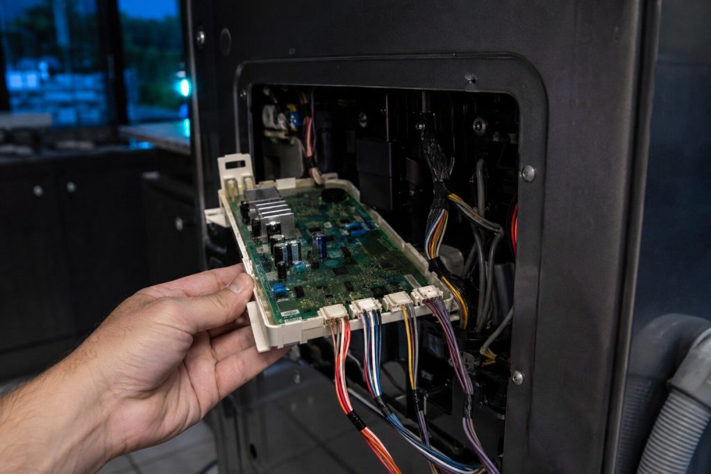 A printed circuit board lifted a hand's width out of its plastic housing behind a rear service panel, four wiring looms still plugged into its edge connectors.