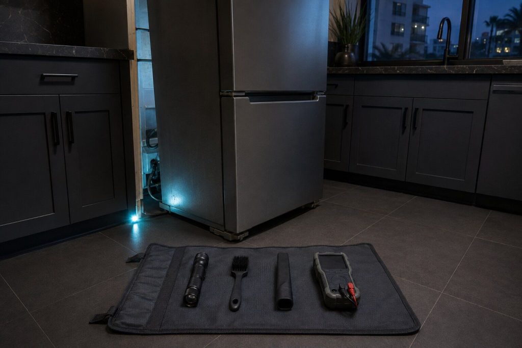 A rolled tool mat opened on a dark tile floor in front of a refrigerator pulled out from the wall, a torch, a brush, a vacuum crevice tool and a meter laid out on it in a row.