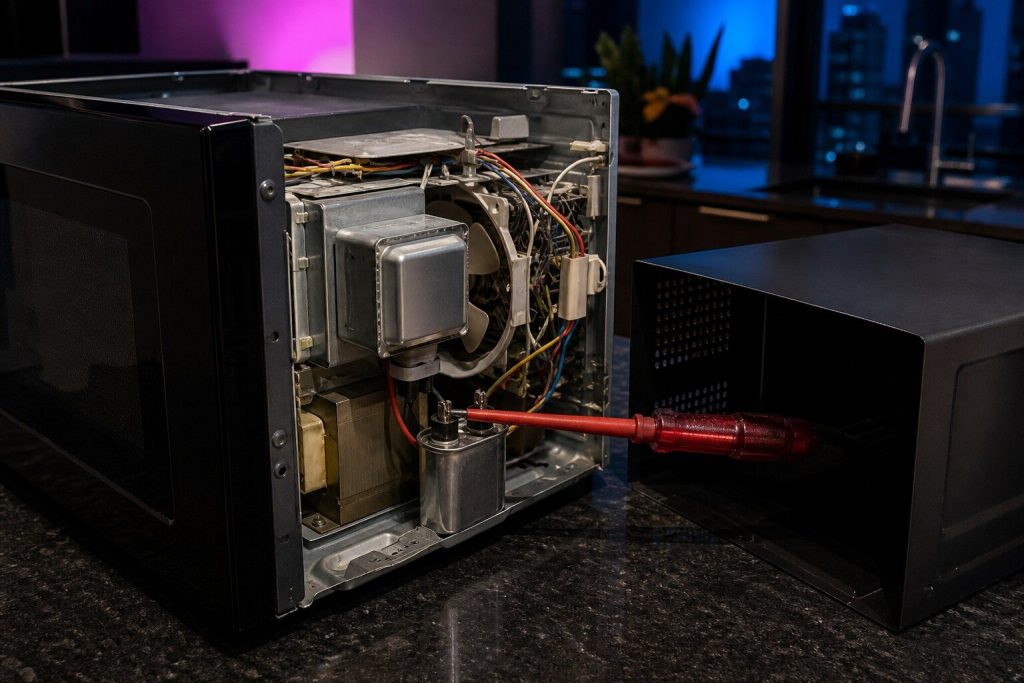 An insulated screwdriver laid across the terminals of a high-voltage capacitor inside an opened countertop microwave cabinet, the cover off beside it on the bench.