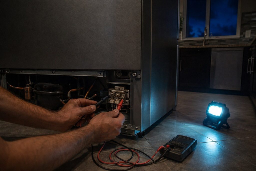 A meter's probes held to a terminal block behind the lower rear panel of a refrigerator that has been pulled out from the wall, the meter lying on the floor beside it.
