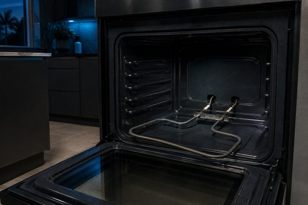 A bake element unbolted from the back wall of an oven cavity and drawn forward a hand's width, its two terminals still on their leads through the rear wall.