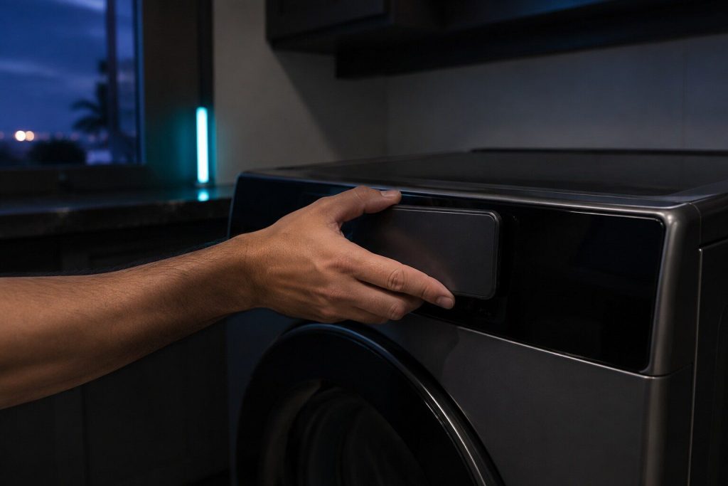 A phone held flat against the control panel band of a laundry machine at chest height while the machine's panel is dark, a hand steadying it.