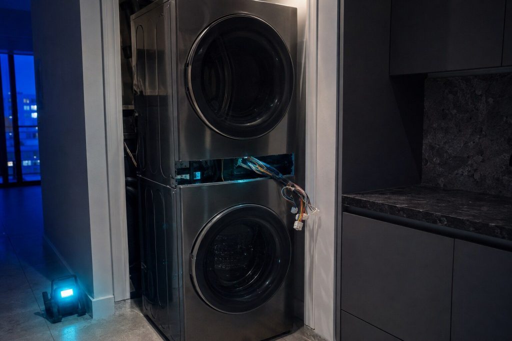 A tall one-piece stacked laundry unit pulled forward from its closet with its central control panel band removed and a loom of wiring drawn out of the gap, both doors closed.