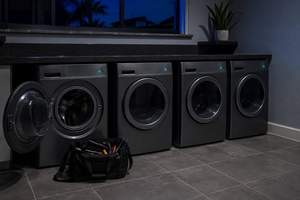 A row of four identical front-loading machines along the wall of a shared condominium laundry room at night, one of them open with a tool bag on the floor in front of it.