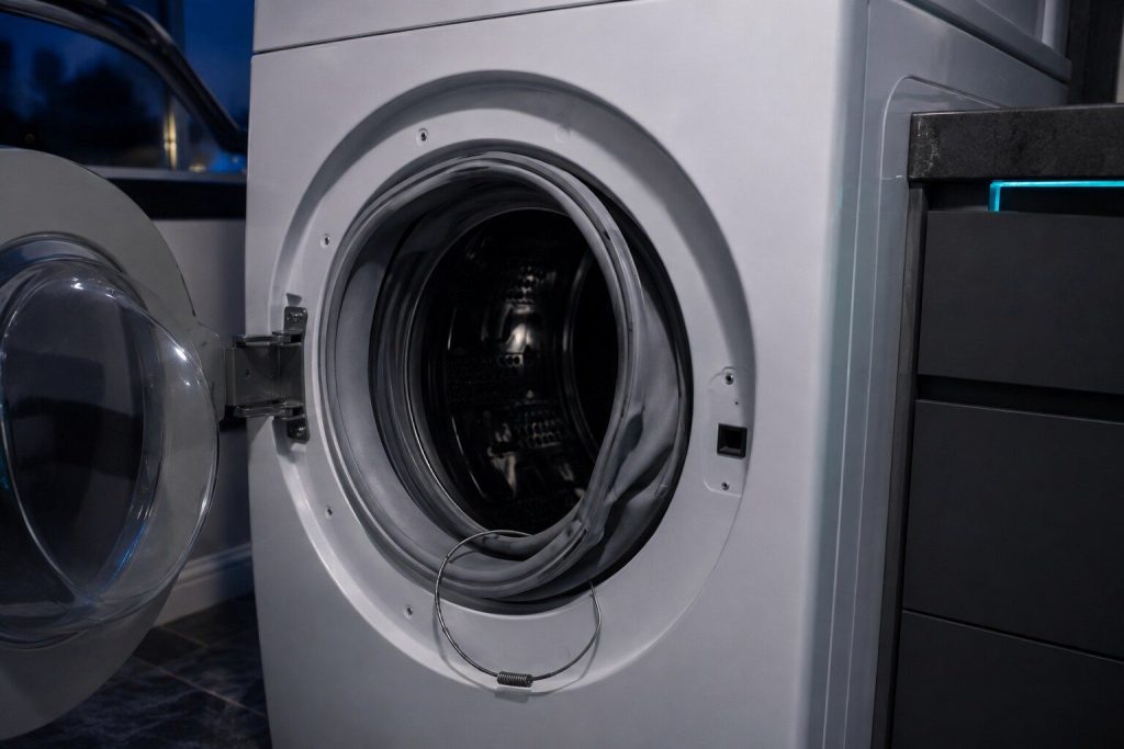 The spring clamp sprung off the front of a washing machine's rubber boot gasket and the lip of the gasket folded back from the frame, the drum dark behind it.