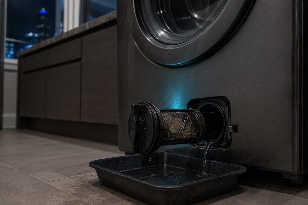 A drain pump filter unscrewed and drawn out of the bottom front of a washing machine over a shallow tray, a coin and a hairpin caught in its mesh, water still running.