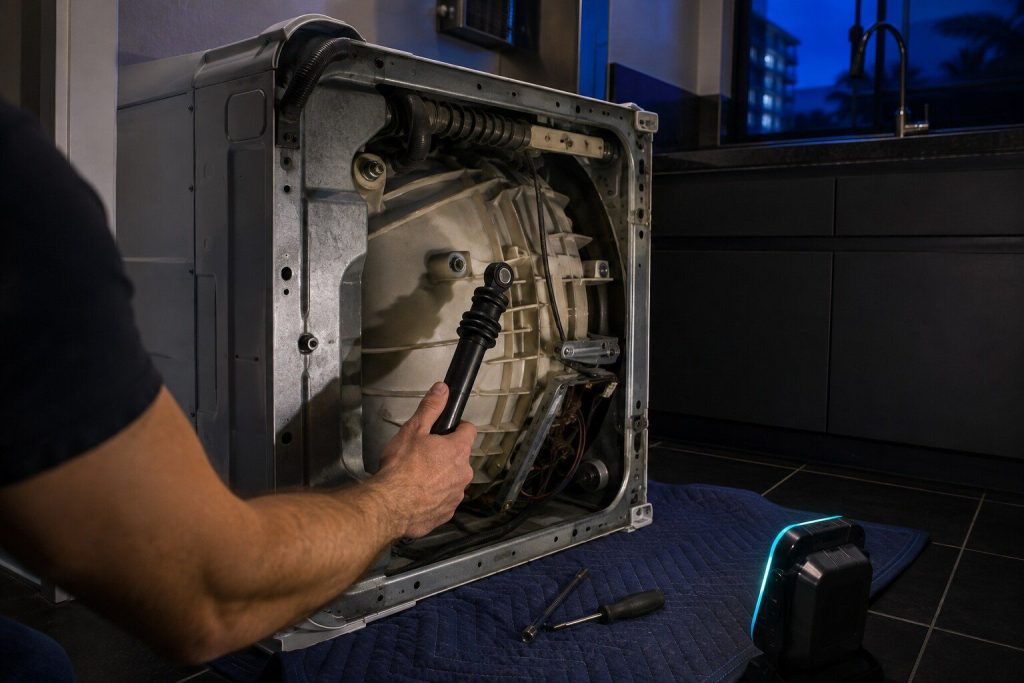 A suspension damper unbolted from the outer tub of a washing machine and held clear of its bracket, the machine on its side on a blanket.