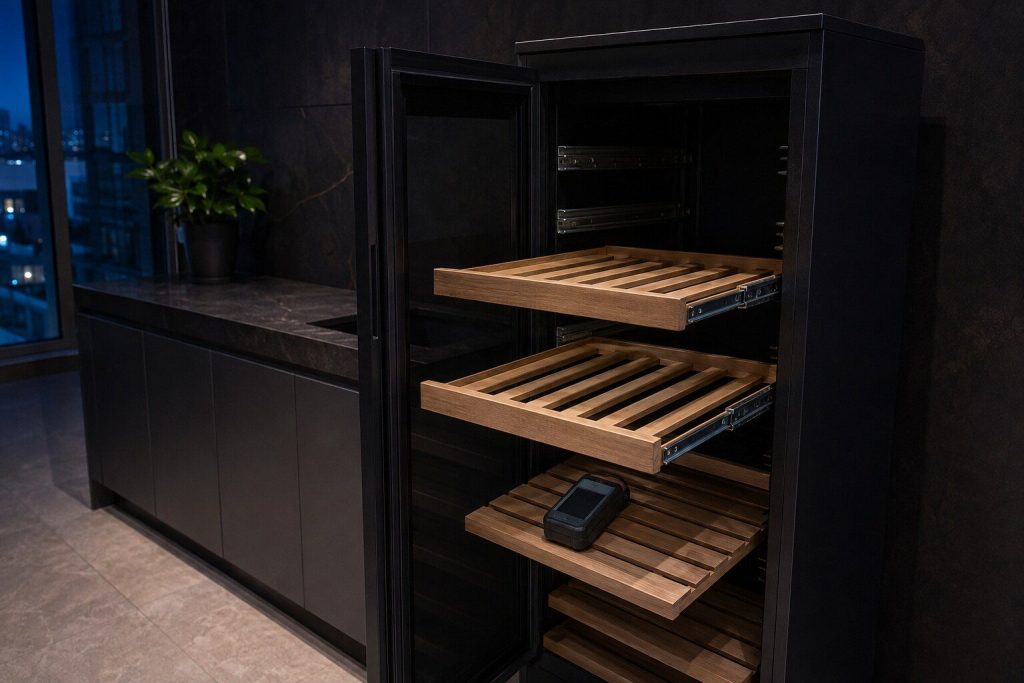 Two wooden bottle shelves drawn fully out of a tall wine cabinet and the empty runners behind them, a meter lying on the shelf below.