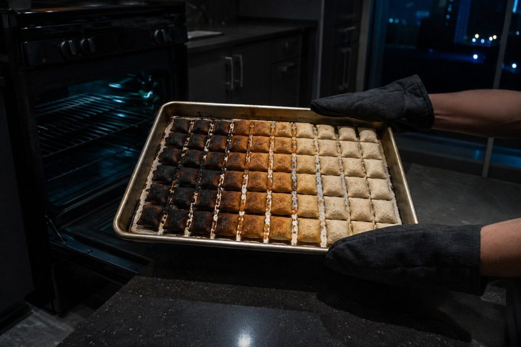 One baking tray lifted out of an oven carrying rows that are burnt black at one end and still pale and raw at the other.