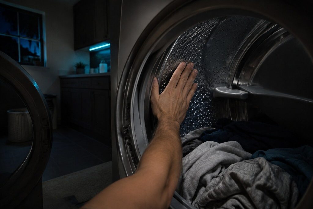 A hand laid flat against the inside wall of a dryer drum at the end of a cycle, the laundry around it plainly cold, the door open on a dim laundry room.
