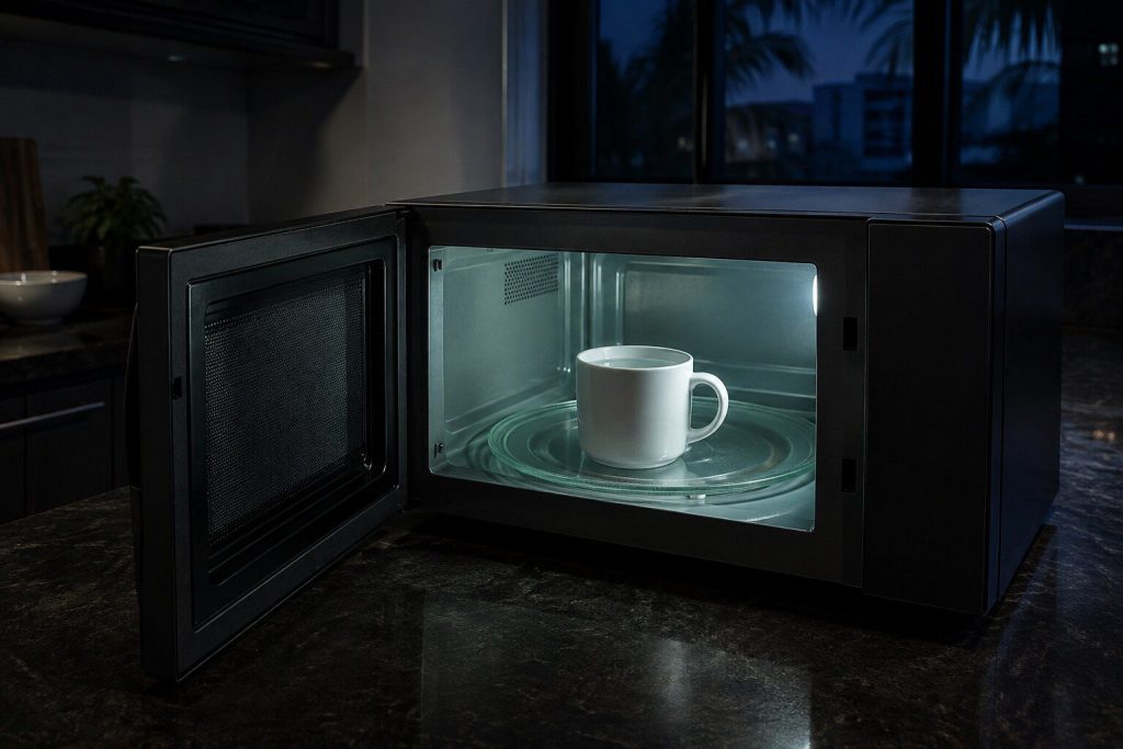 A mug of water standing on the glass turntable of a countertop microwave with the door open and the cavity light on, the water plainly still and cold, steam nowhere.