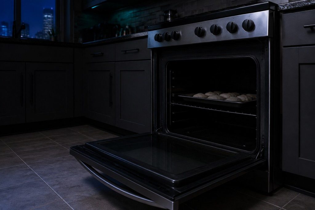 An oven standing open at night with a tray of raw dough on the middle rack and the cavity dark and unlit, no glow from either element.