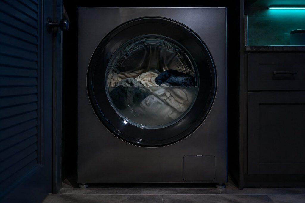 The glass door of a front-loading washing machine with the drum behind it half full of grey water and a load of laundry floating in it, the door shut.