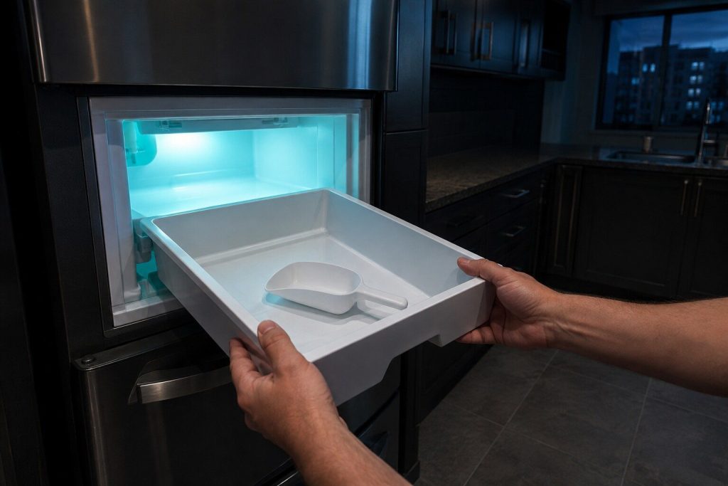 An ice storage bin pulled out of a refrigerator and held level, completely empty, its scoop lying in the bottom, the lit compartment it came out of behind.