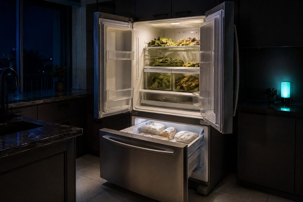 The upper compartment of a French door refrigerator standing open on limp greens and soft vegetables while the freezer drawer below is pulled out on hard frozen packets.