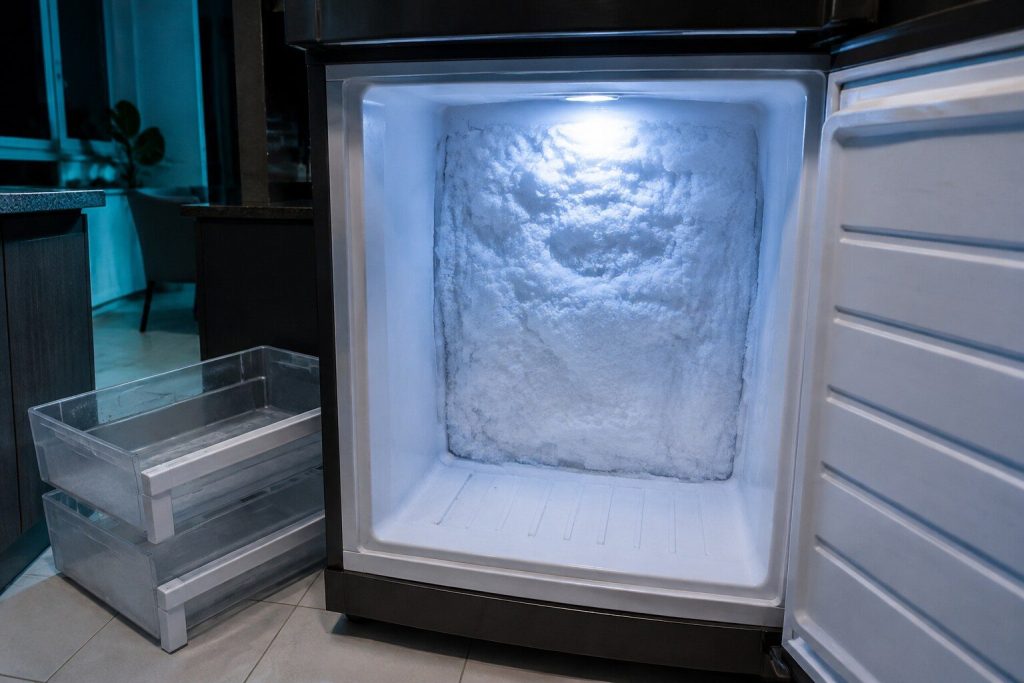 A thick uneven sheet of white frost grown across the whole back wall of a freezer compartment, the vents behind it almost sealed over, drawers removed and set aside.