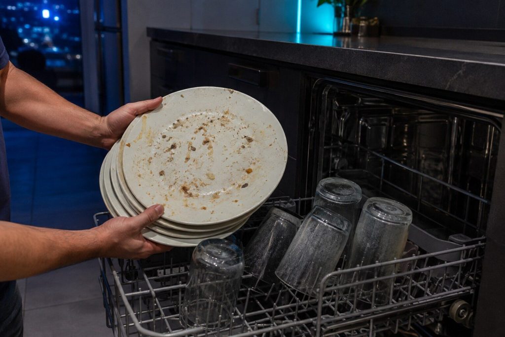 A stack of plates lifted out of an open dishwasher rack with dried food still on their faces and a film across the glasses beside them, the machine open behind.