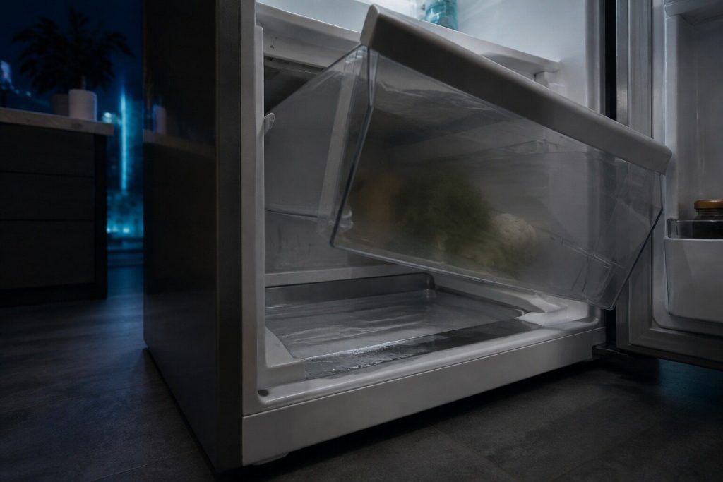 A shallow pool of clear water lying in the well under the crisper drawers of a refrigerator, the drawer pulled forward and tipped so the water is visible along the bottom of the compartment.