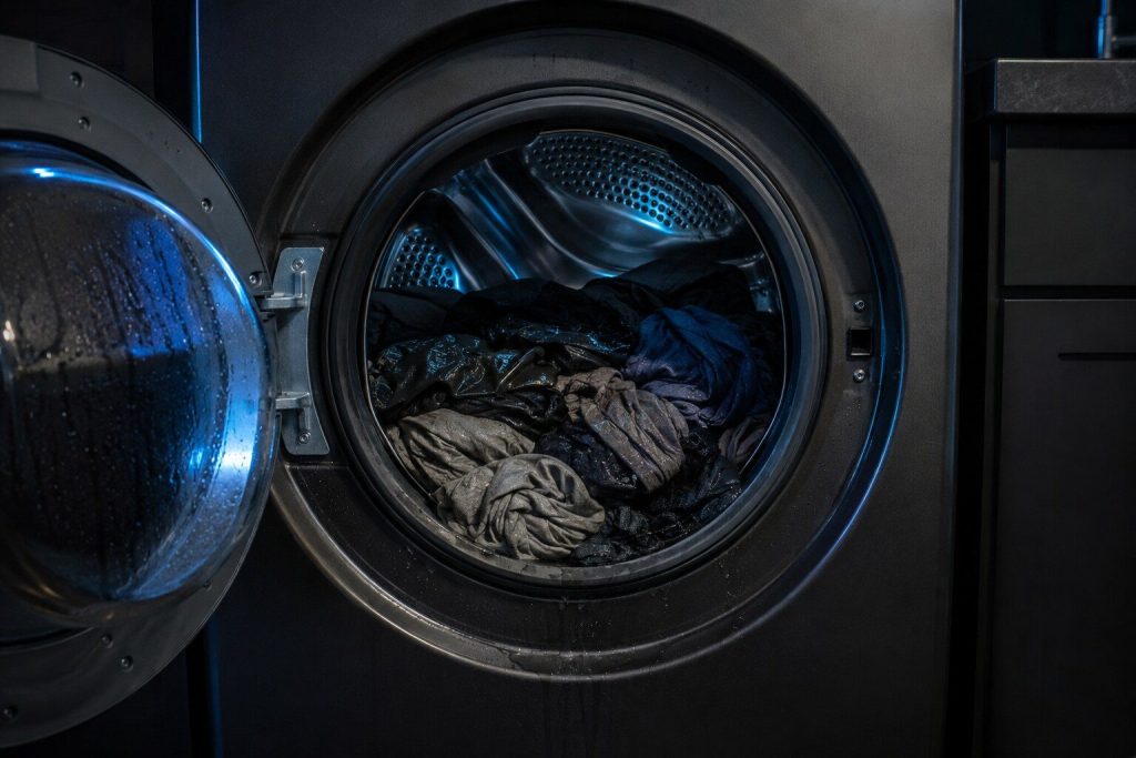 Looking straight into the open drum of a front-loading washing machine at the end of a stopped cycle: the whole load still INSIDE the drum, sodden and collapsed into a tangled heap against the lower half of the drum wall, water beading on the glass and running from the rubber gasket.