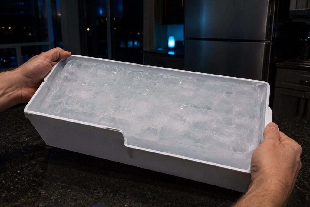 An ice bin lifted out of a refrigerator carrying one solid welded block of ice instead of loose cubes, the block filling the bin corner to corner.
