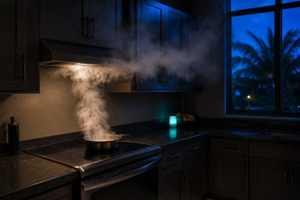 Steam from a pan on a cooktop rolling out sideways from under a wall-mounted hood and up across the cabinet fronts instead of being drawn in.