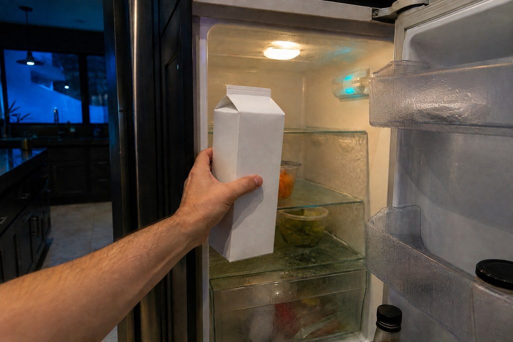 A hand lifting a carton of milk out of a refrigerator whose interior lamp is on, condensation beading on the shelves and the door bins, everything inside looking wet rather than cold.